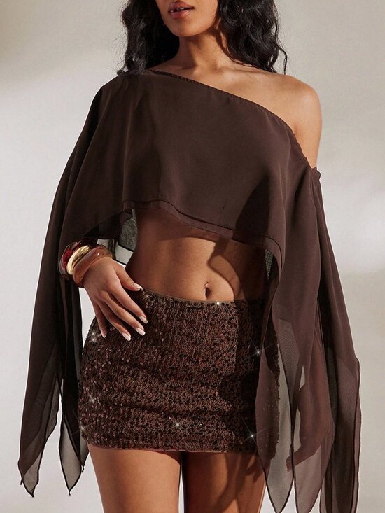 Tops - Coffee Brown Casual Women's cropped drape7y blouse